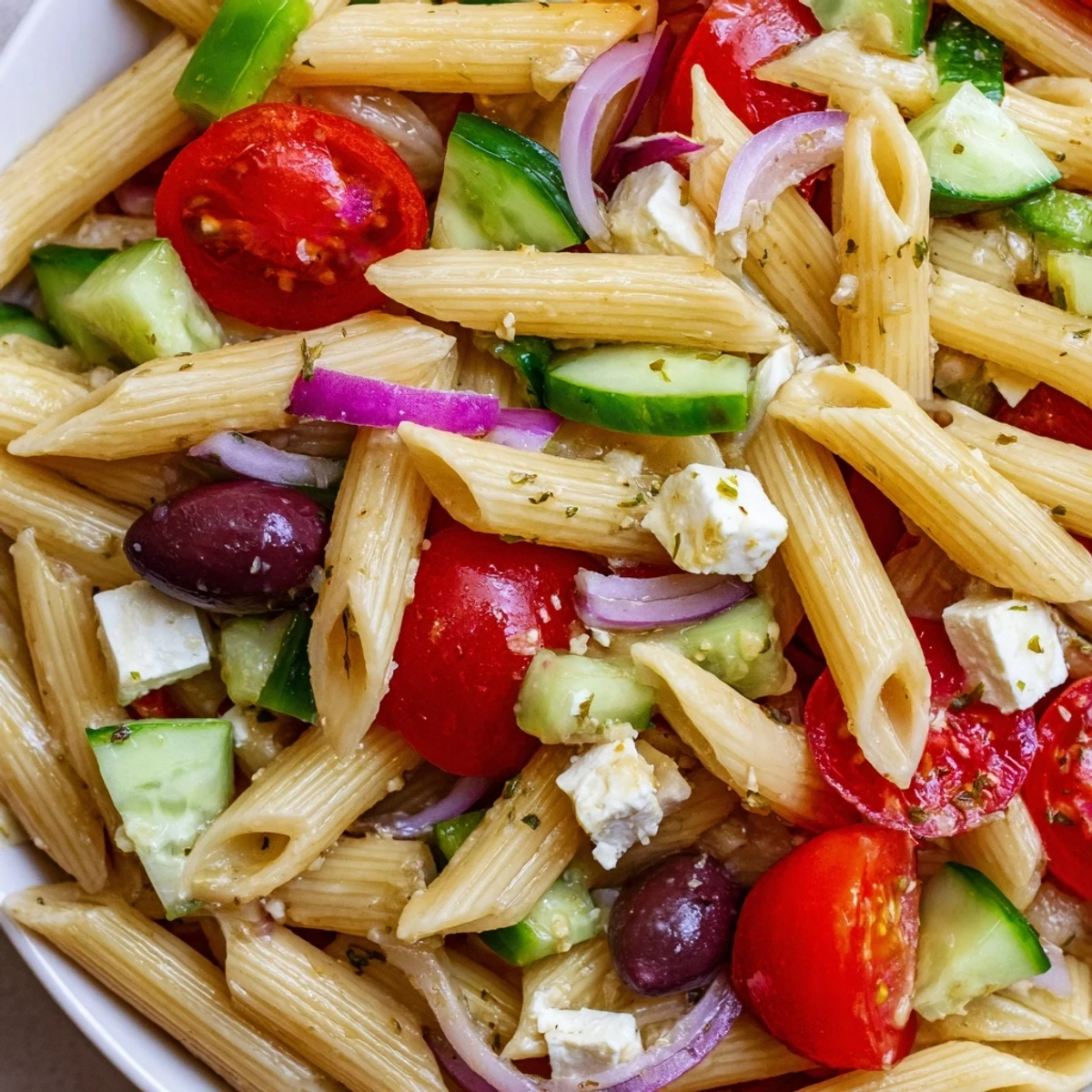 Vibrant Greek pasta salad with colorful vegetables and crumbled feta tossed in Mediterranean olive oil dressing