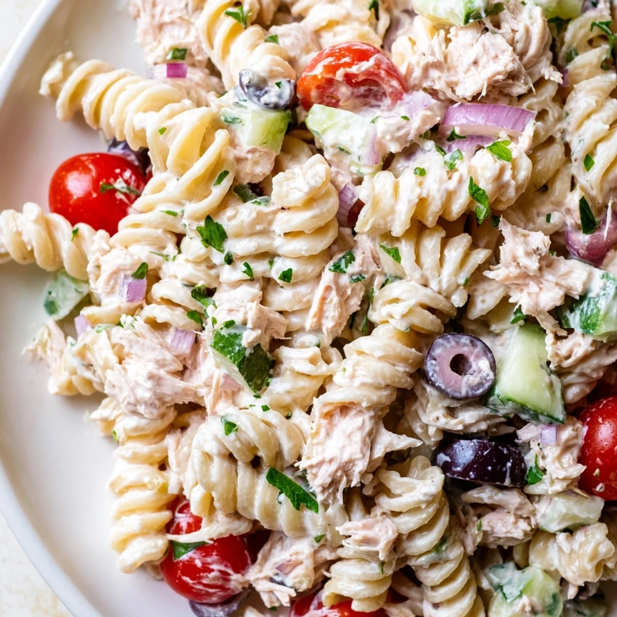 Creamy tuna pasta salad in a bowl with colorful vegetables and fresh herbs