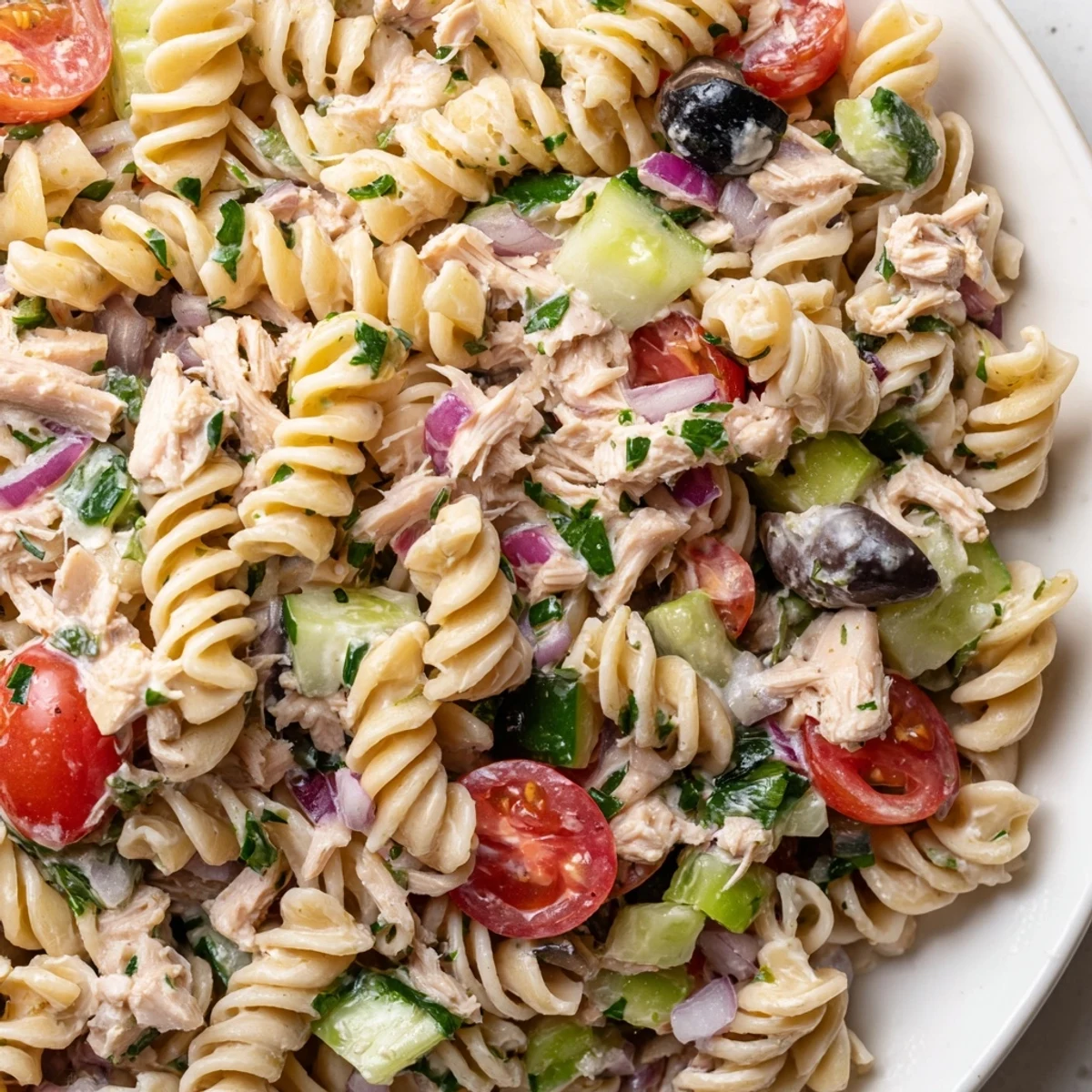 Tuna pasta salad featuring flaky tuna, crisp veggies, and tangy dressing served cold