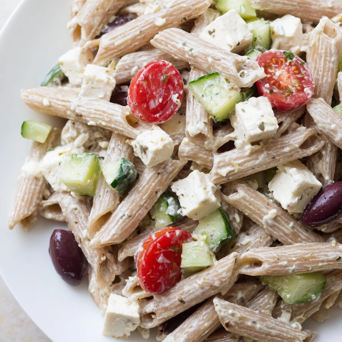 Colorful High Protein Greek Pasta Salad in a white bowl with feta, olives, and fresh vegetables