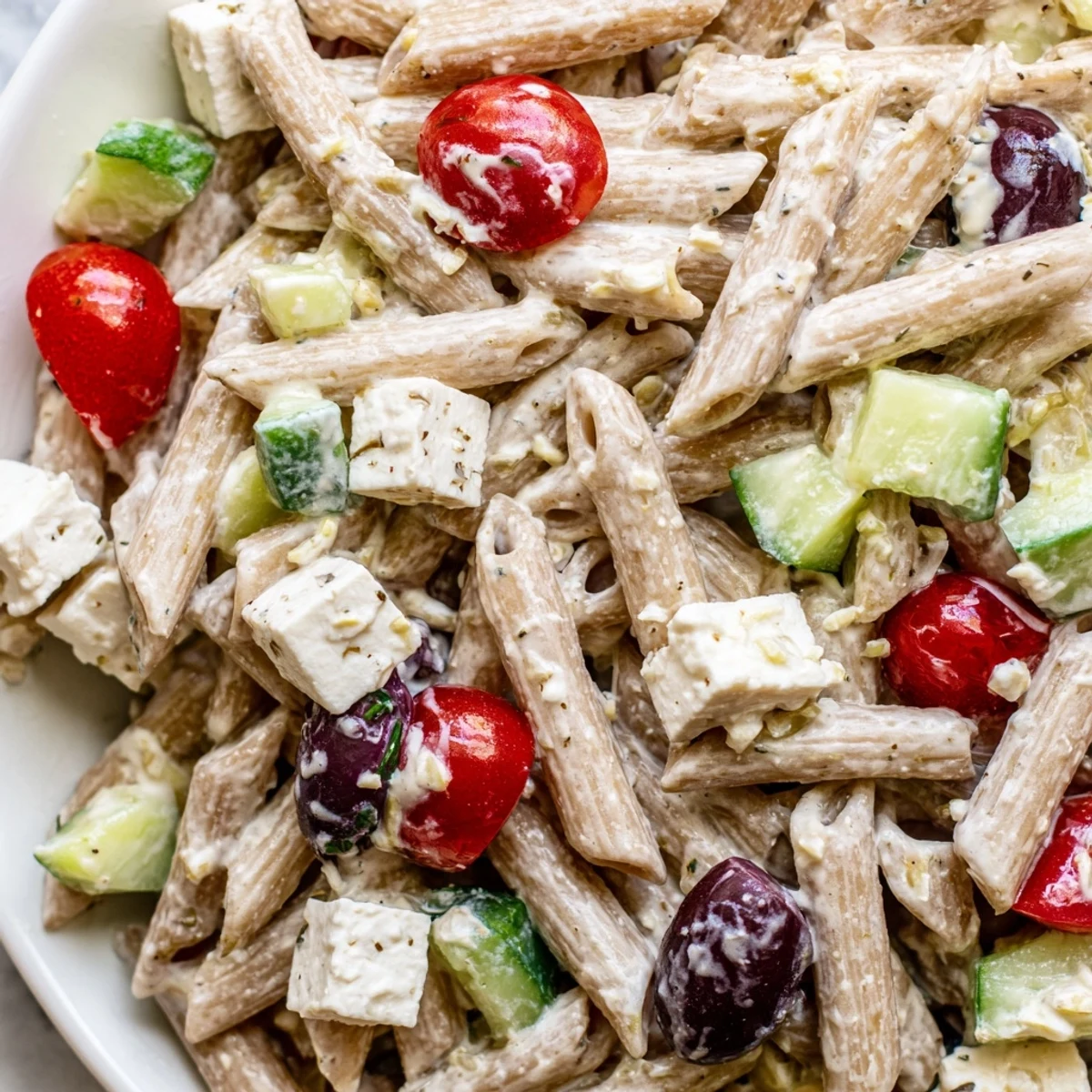 High Protein Greek Pasta Salad tossed with creamy yogurt dressing and Mediterranean vegetables