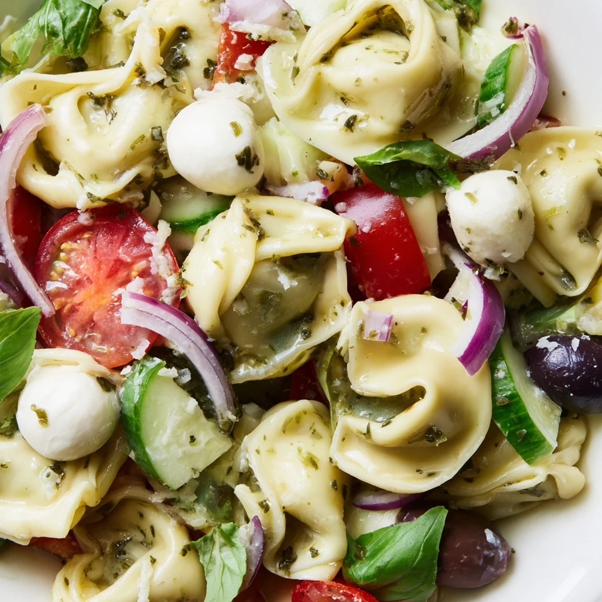 Cheese tortellini salad tossed with crisp vegetables and herbs in a bowl