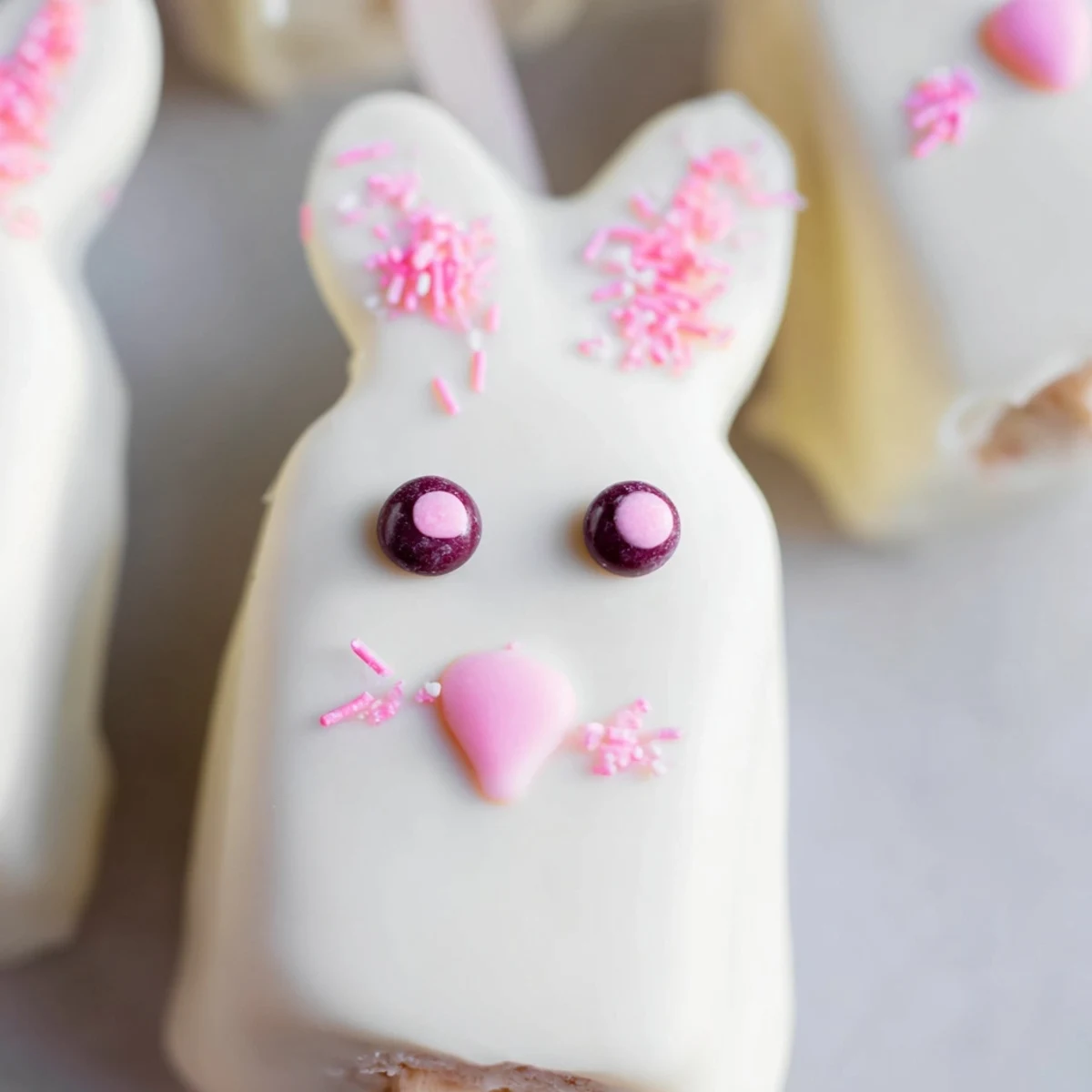 Creamy white chocolate bunny cakesicles decorated with colorful sprinkles for a festive Easter dessert display