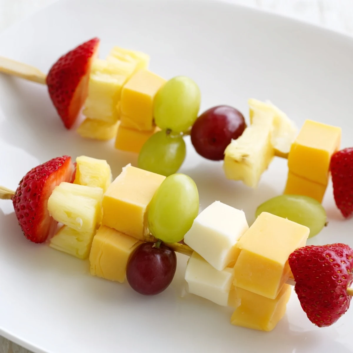 Fresh fruit and cheese kabobs featuring alternating cubes of cheddar mozzarella grapes and sweet pineapple
