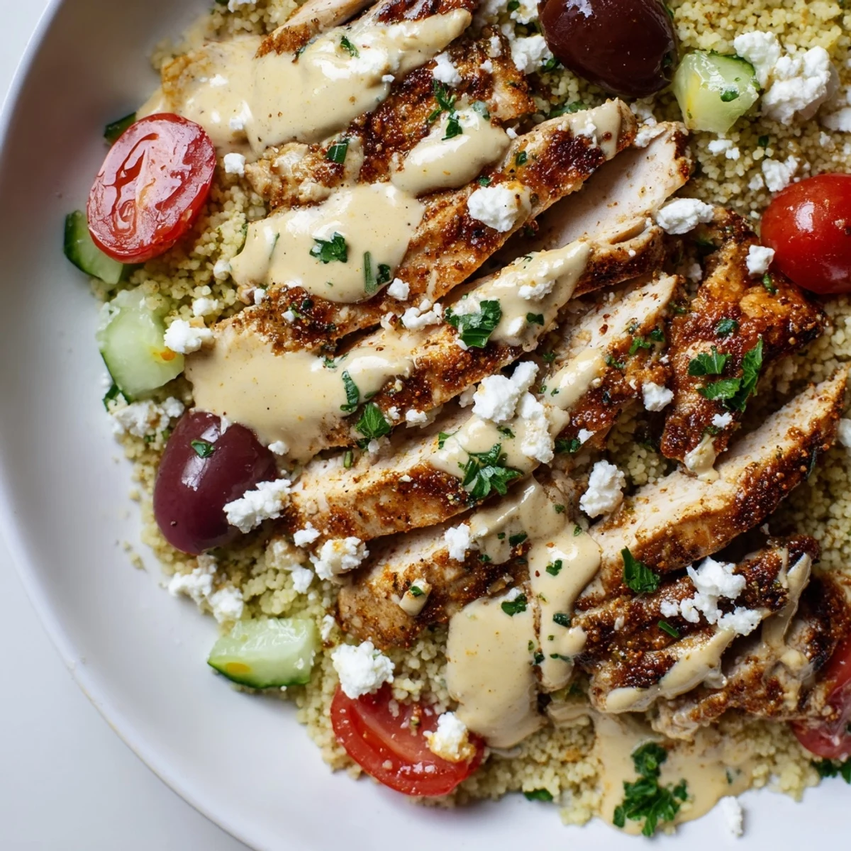 Golden Mediterranean chicken couscous bowl drizzled with creamy tahini sauce and fresh vegetables