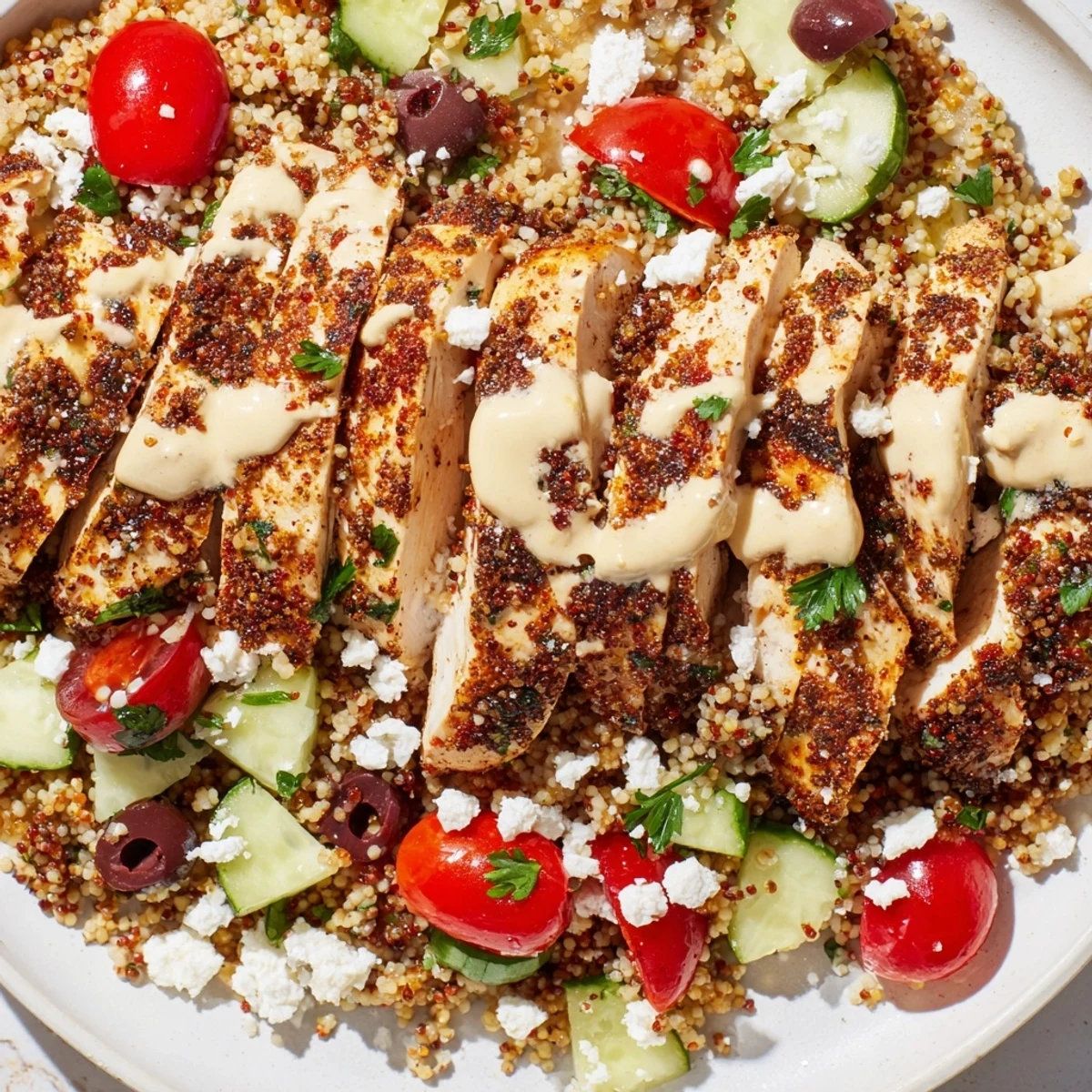 Colorful Mediterranean chicken couscous bowl topped with juicy sliced chicken and crisp cucumber tomatoes