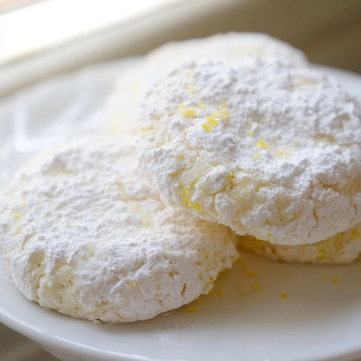 Powdered sugar-dusted lemon meltaways cookies arranged on a rustic white serving plate