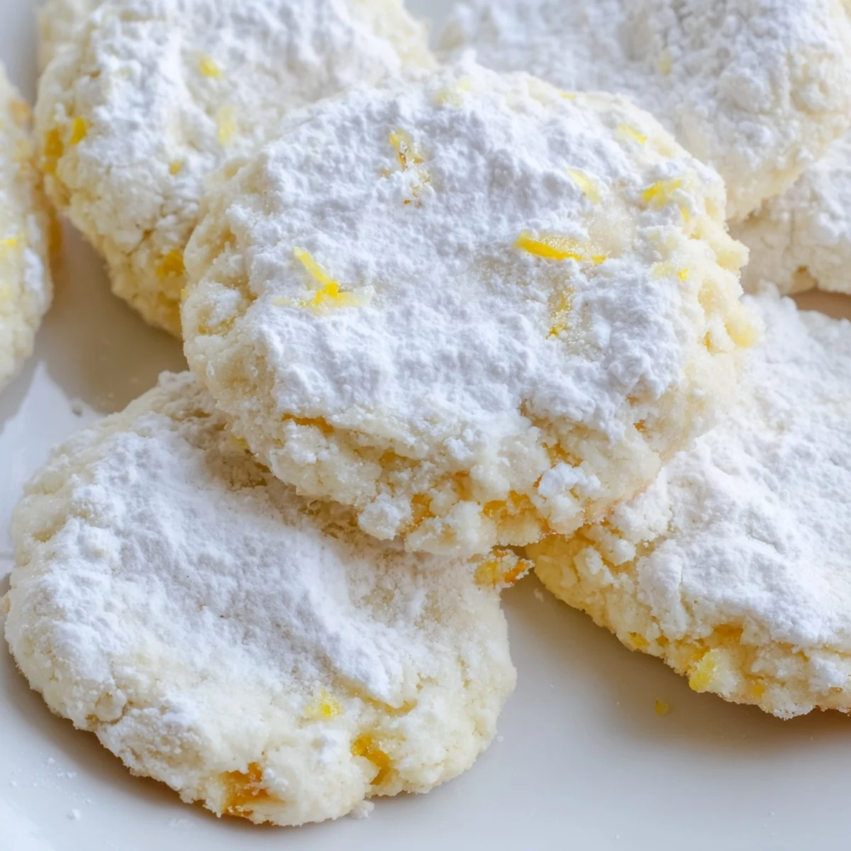 Golden lemon meltaways with snowy powdered sugar coating piled on a baking sheet