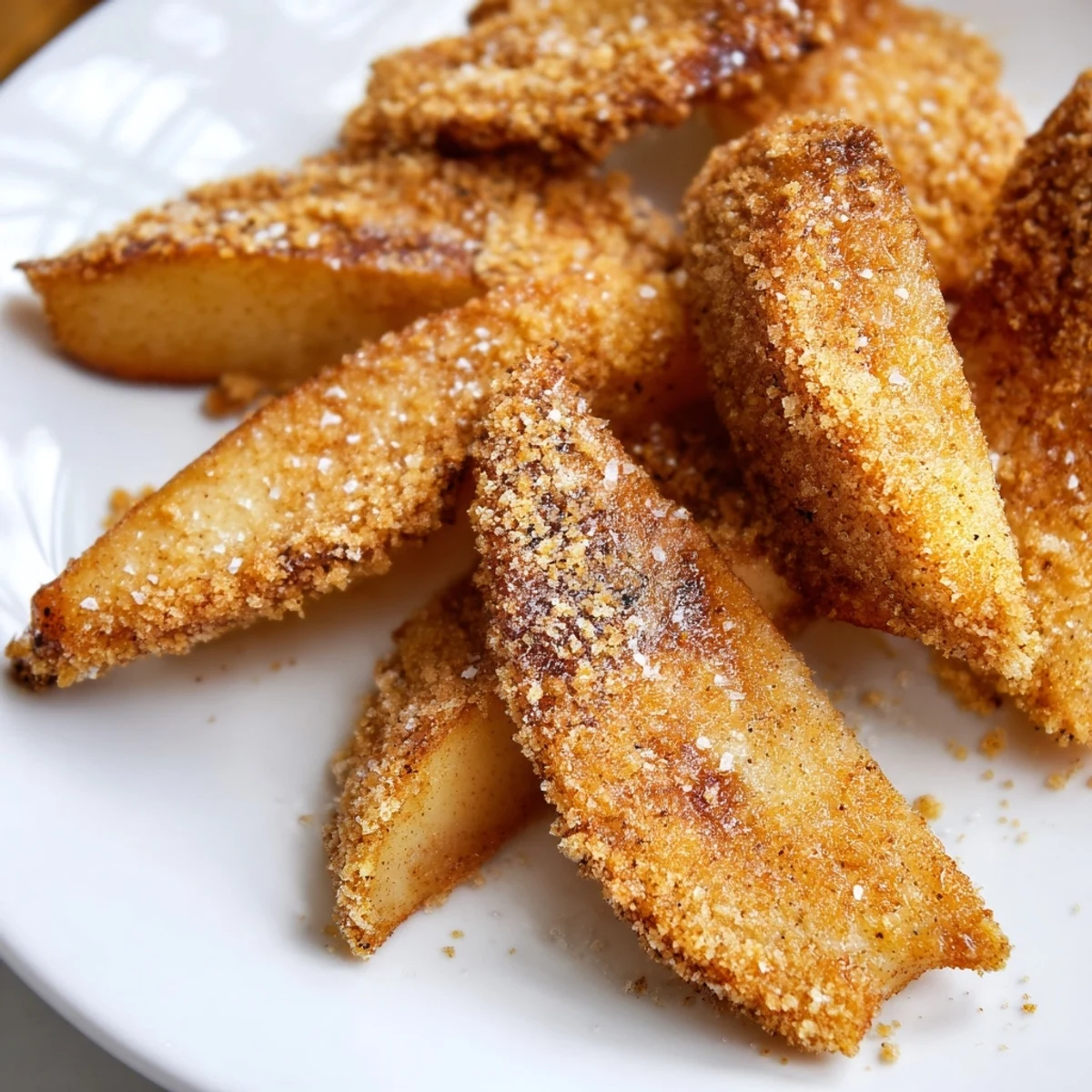 Golden crispy air fryer apple slices dusted with warm cinnamon sugar on a rustic plate
