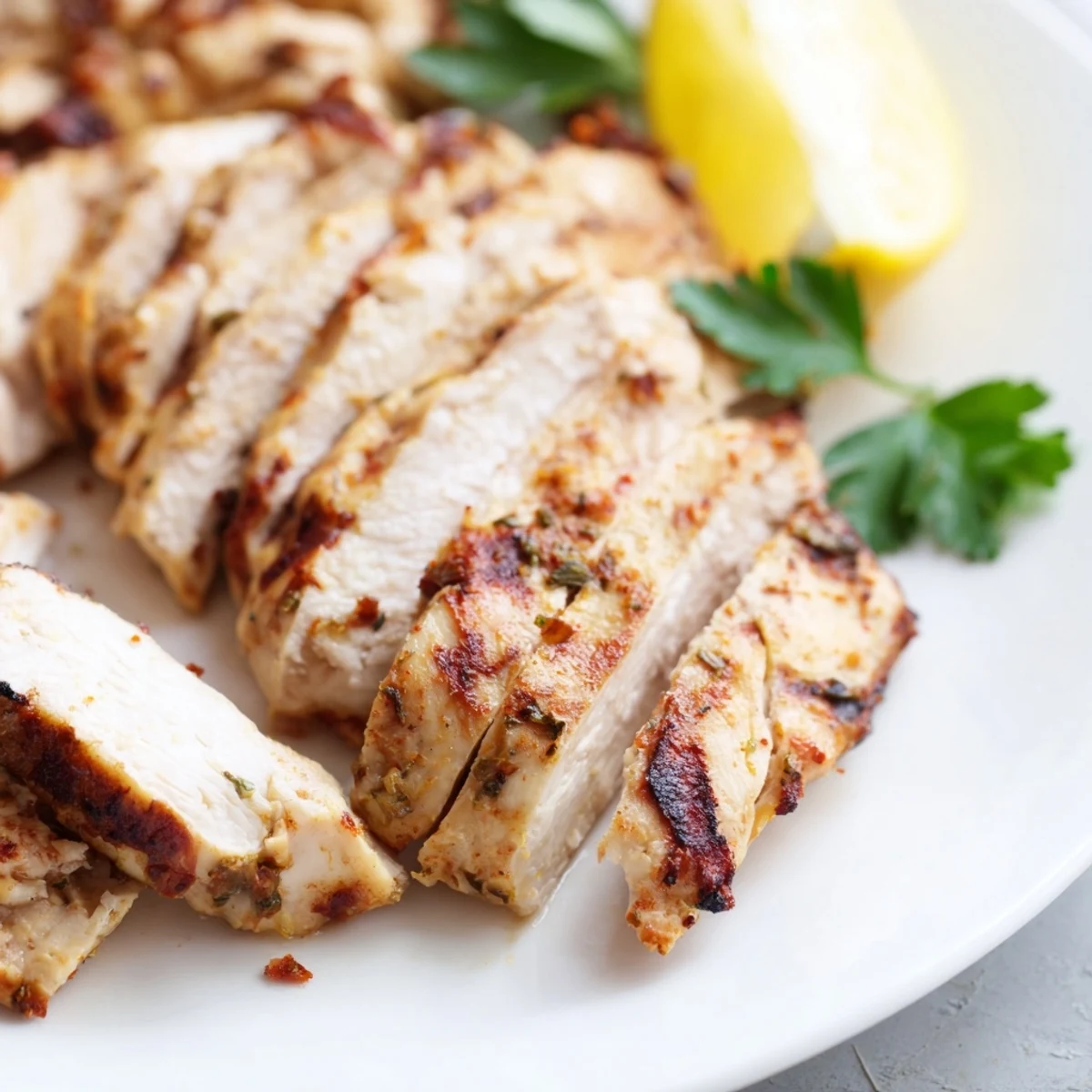 Golden Greek yogurt marinated chicken grilled with char marks and fresh herbs