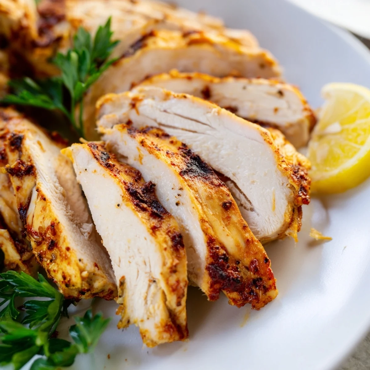 Juicy Greek yogurt marinated chicken sliced on a white plate with lemon wedges
