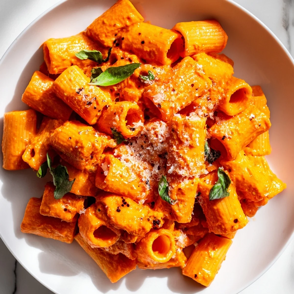Creamy roasted red pepper pasta tossed in vibrant orange sauce with fresh basil garnish
