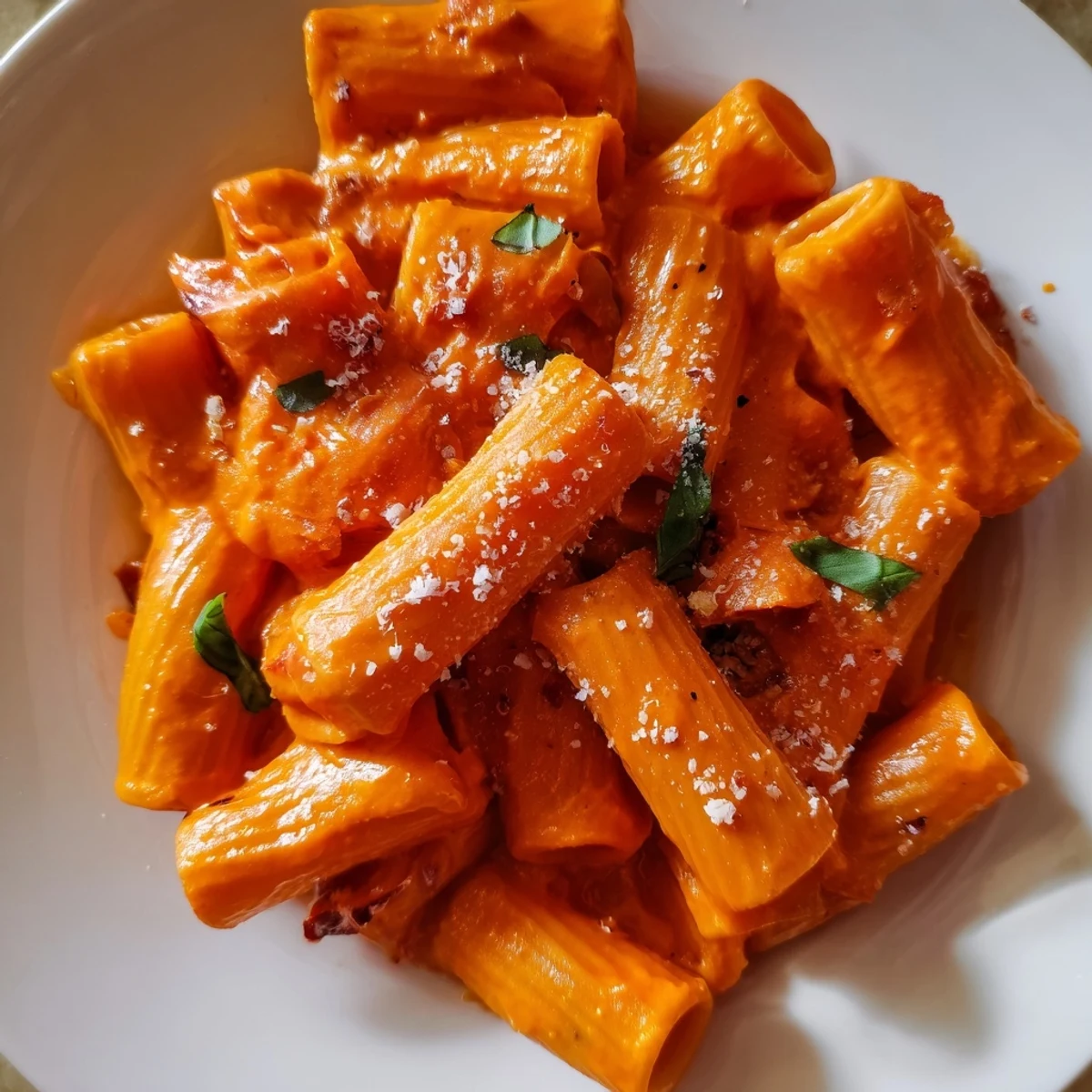 Golden roasted red pepper pasta served in a white bowl with parmesan cheese sprinkled on top