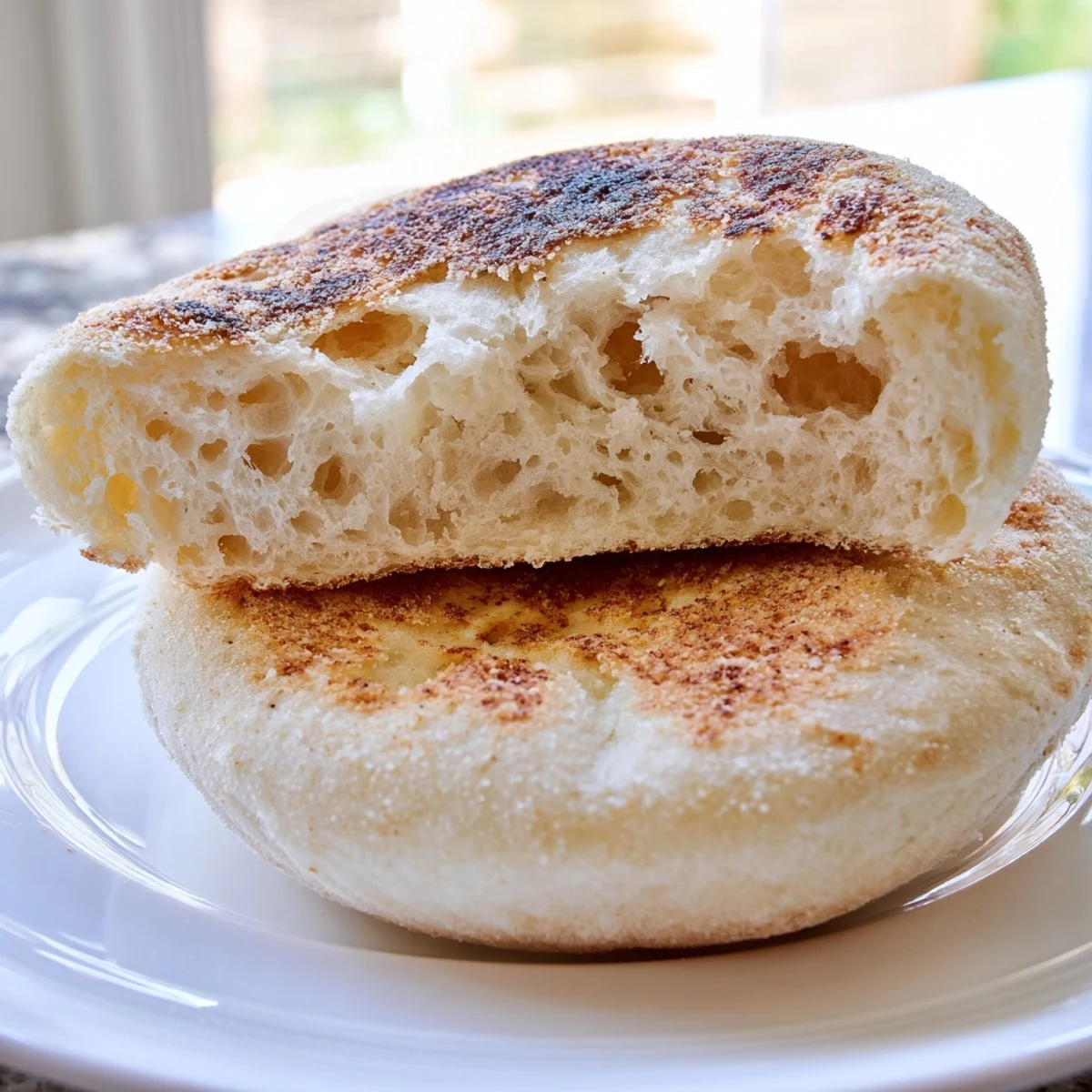 Golden brown Homemade English Muffins with cornmeal dusting cooling on a wire rack