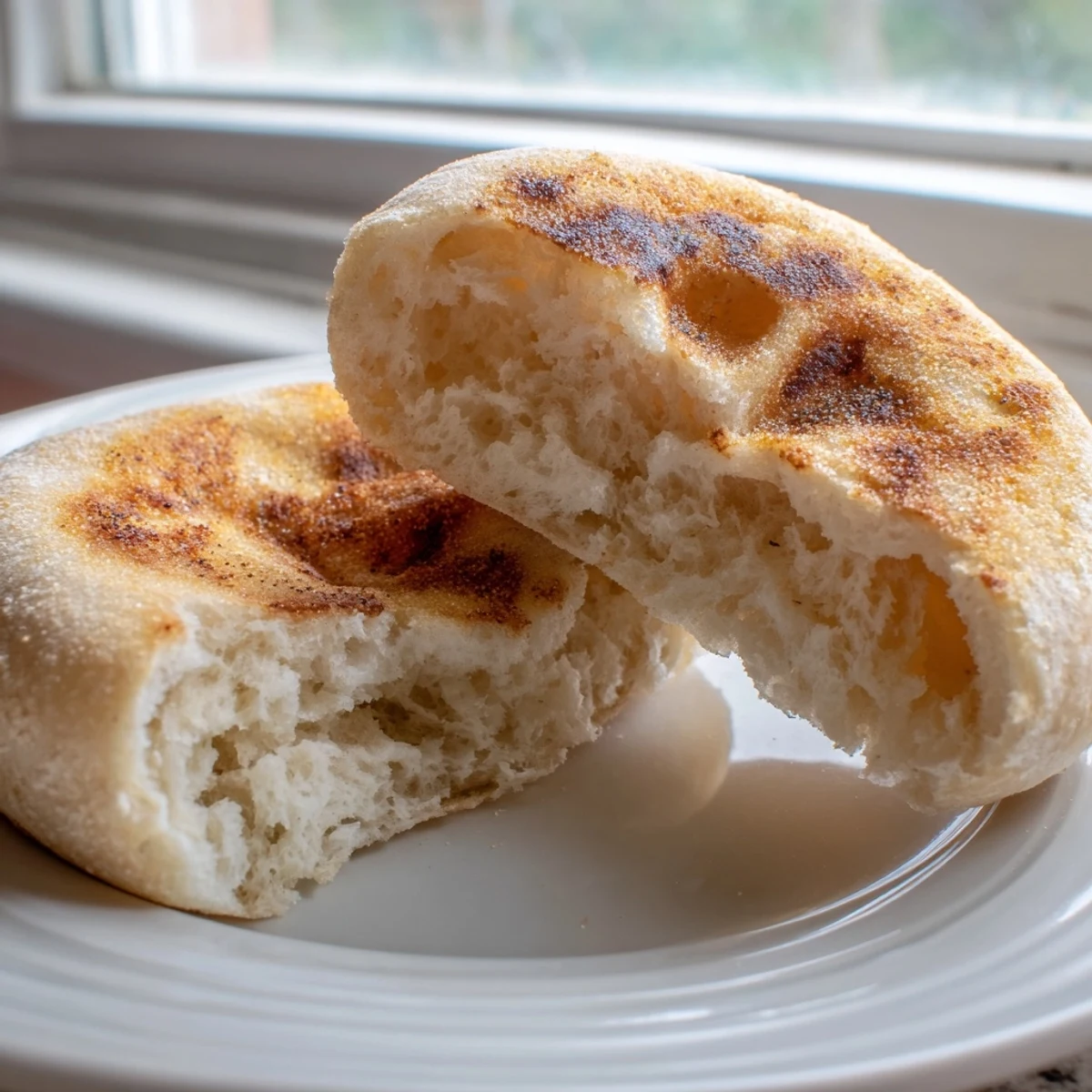 Split Homemade English Muffins revealing nooks and crannies ready for butter and jam