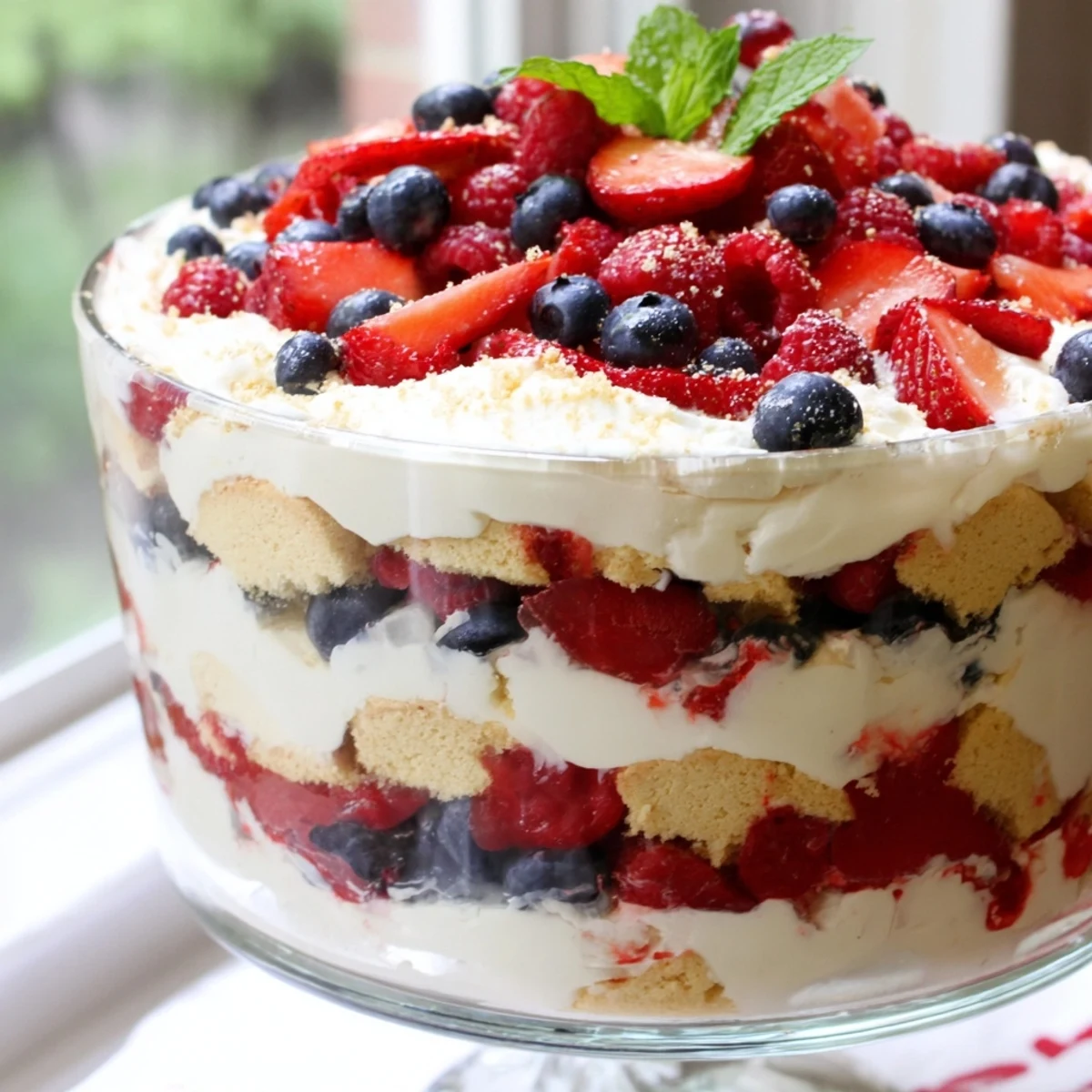 Creamy Red White Blue Mixed Berry Yum Yum layered with strawberries in a trifle bowl