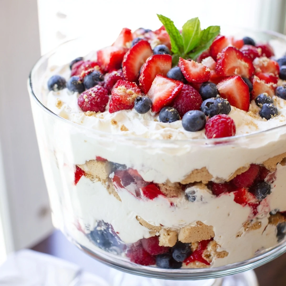 Crushed shortbread crust anchors this vibrant Red White Blue Mixed Berry Yum Yum dessert