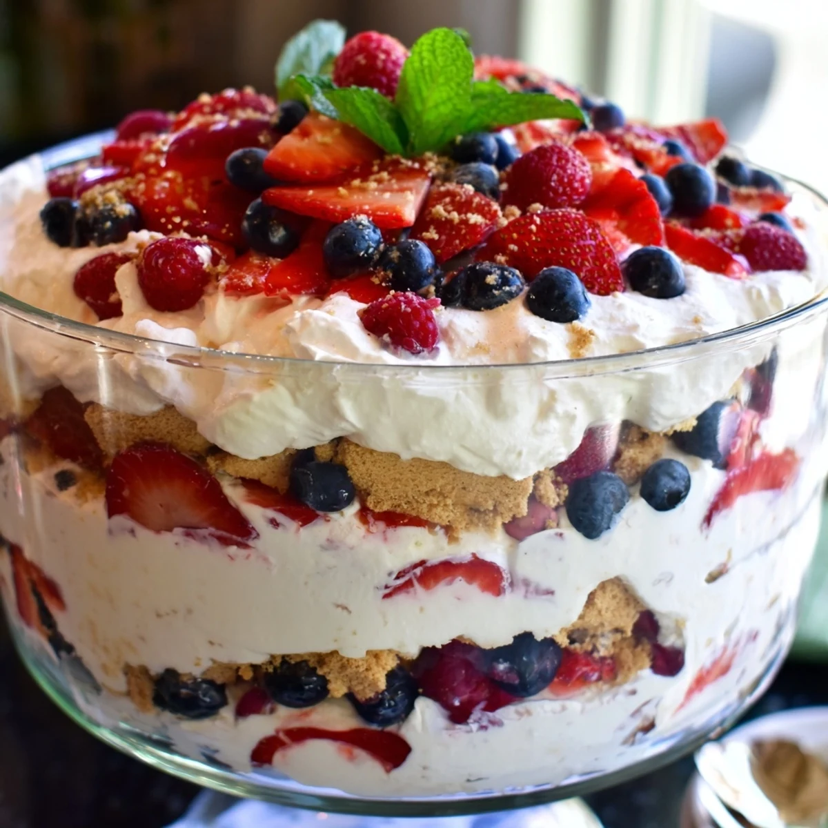 Red White Blue Mixed Berry Yum Yum topped with fresh raspberries and mint garnish