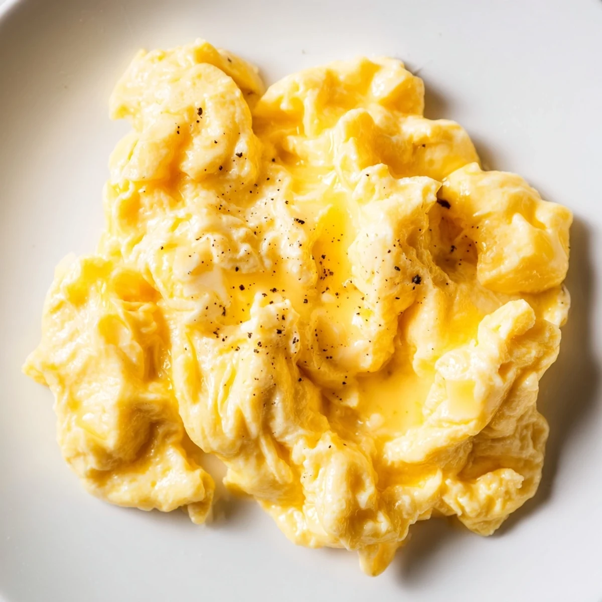 Creamy scrambled eggs piled on a plate with buttery golden curds steaming softly