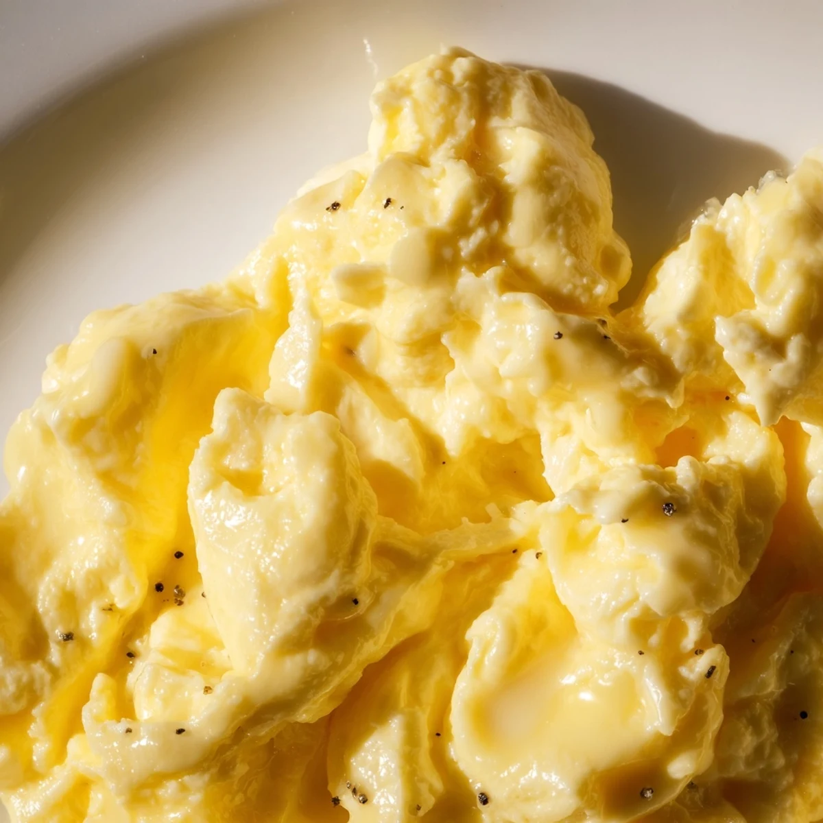 Fluffy scrambled eggs served on toast with glossy, tender curds and fresh herbs