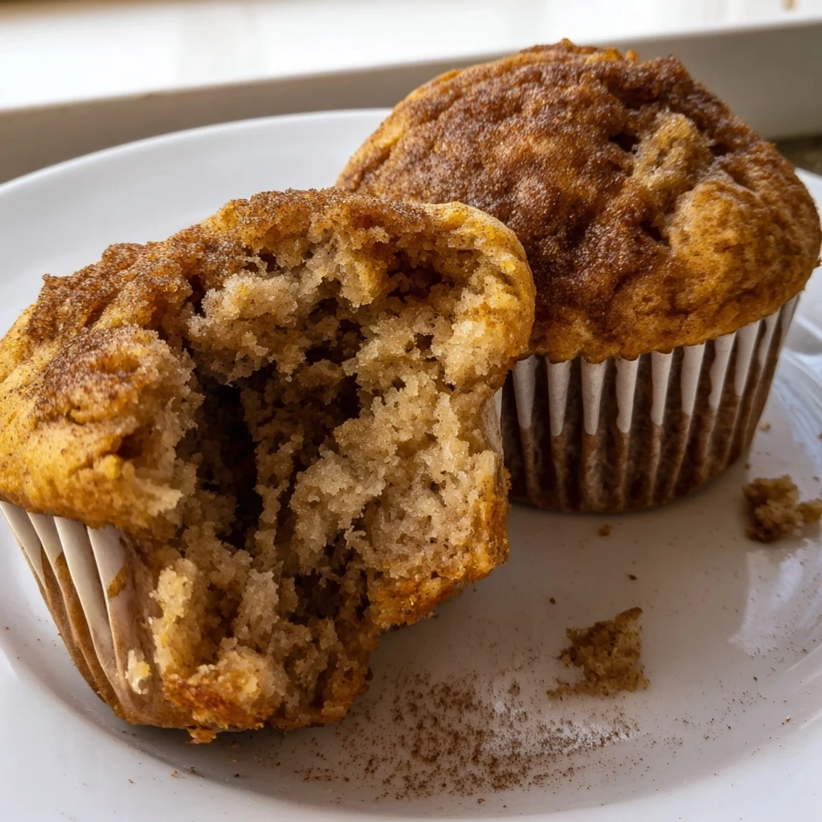 Moist banana muffins wrapped in paper liners, steaming with warm cinnamon spice