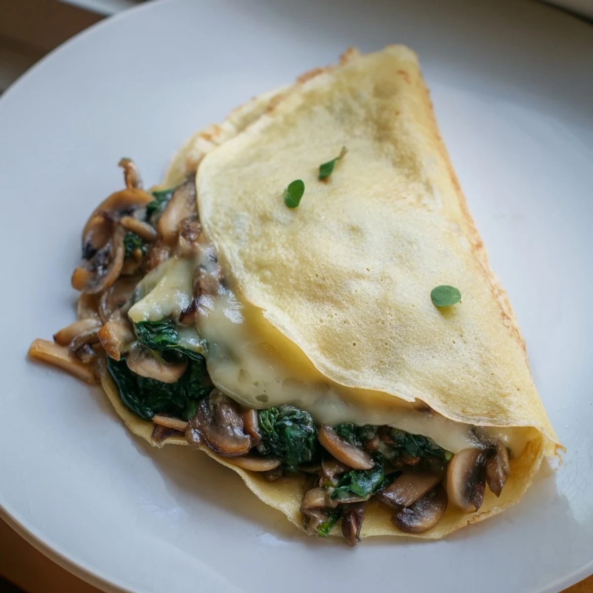 Golden savory crepes filled with sautéed spinach, mushrooms, and melted Gruyère cheese