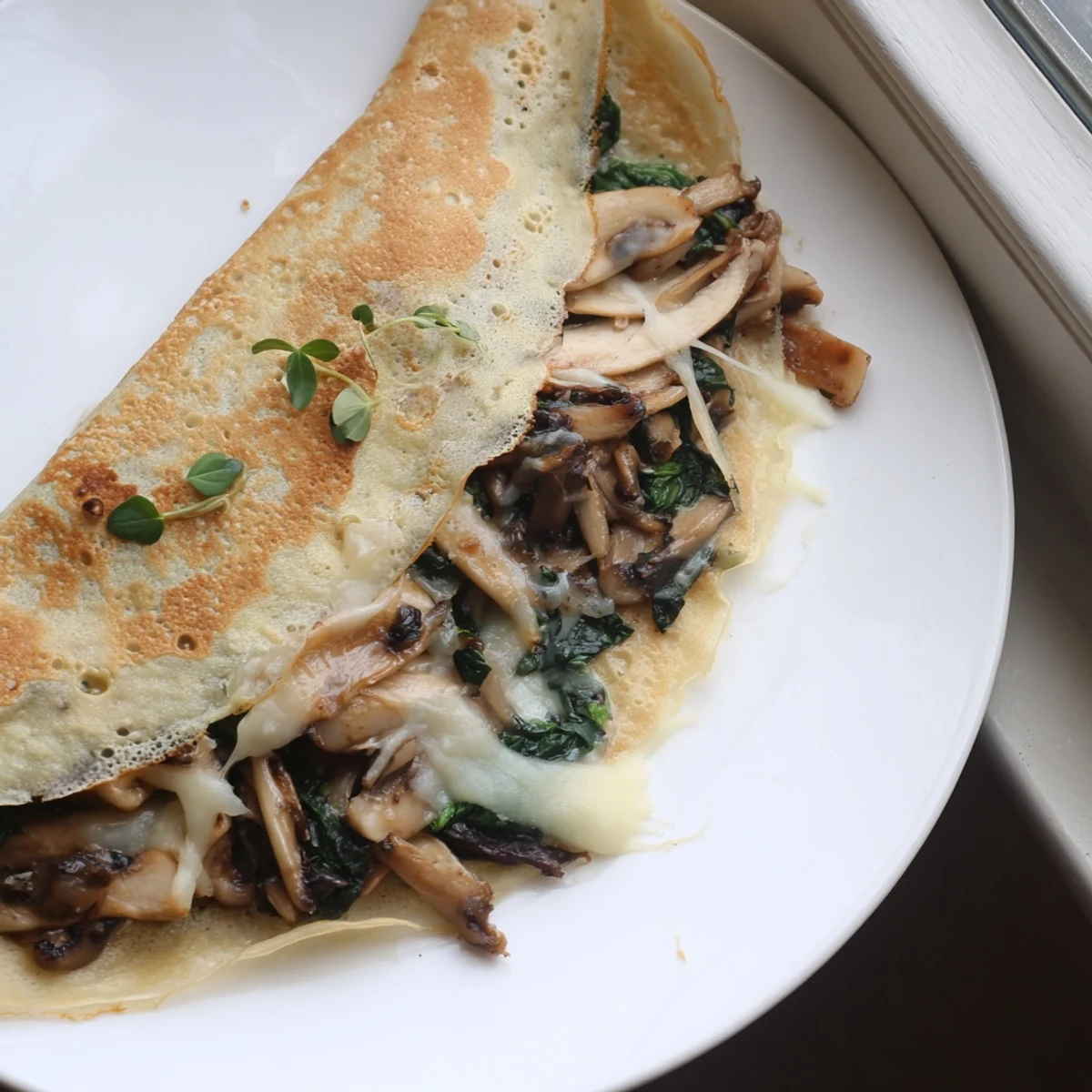 Thin French savory crepes rolled around tender spinach and golden sautéed mushrooms