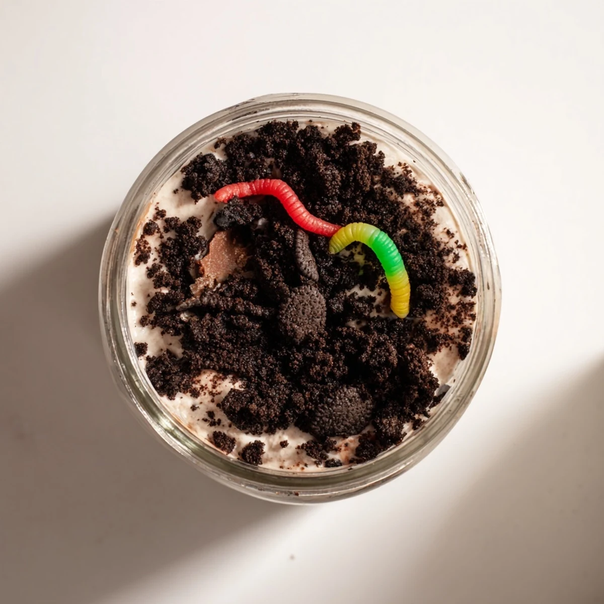 Creamy dirt pudding in individual cups topped with crushed cookies and gummy worms