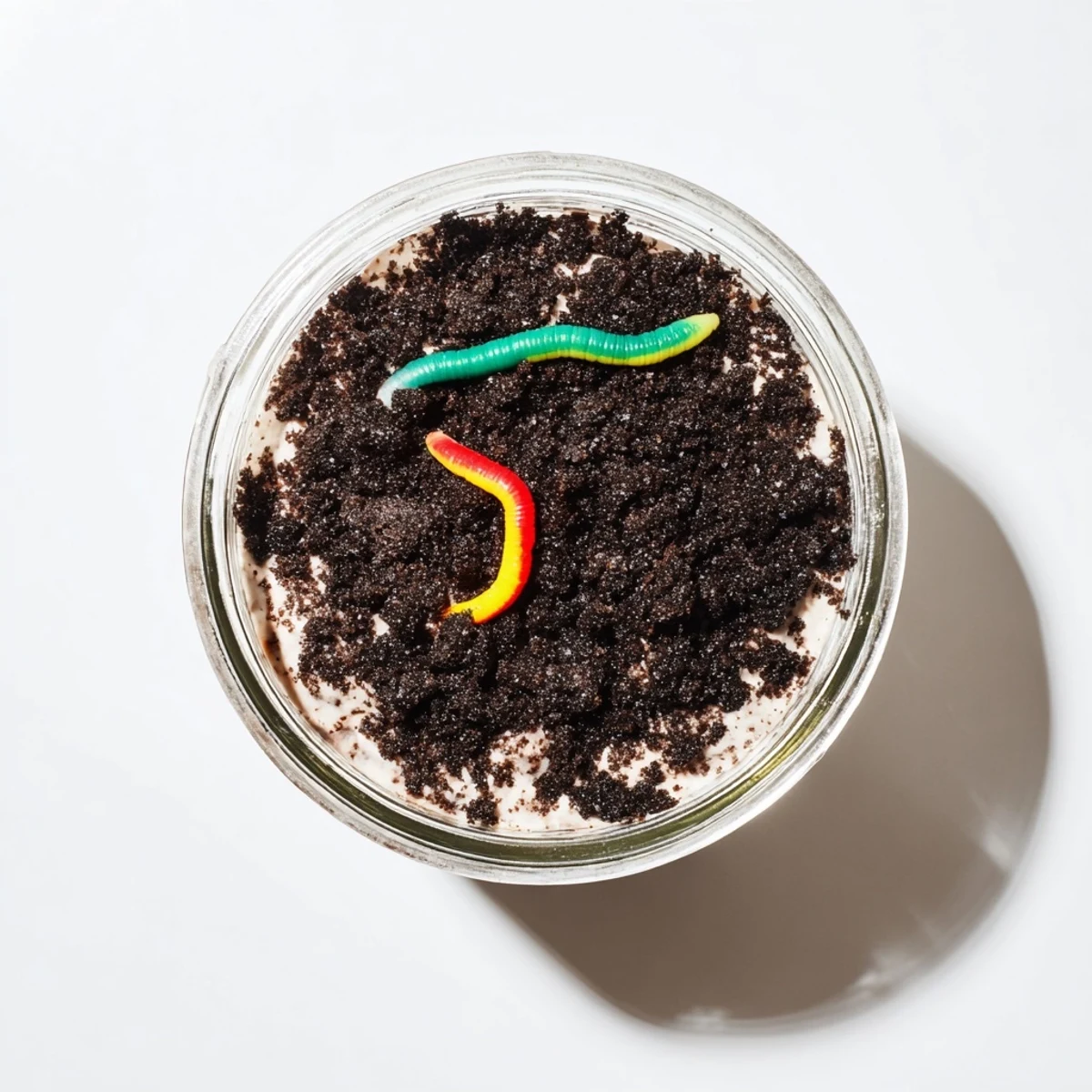 Rich chocolate dirt pudding layered with cookie crumbs in clear mason jars