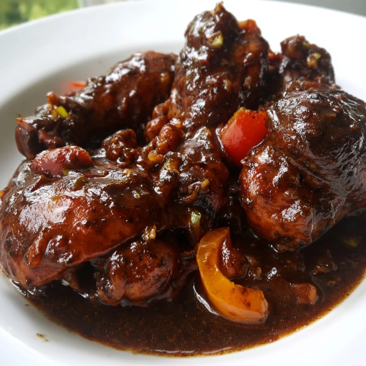 Golden-brown Jamaican brown stew chicken simmered in a rich, spiced gravy with sliced carrots