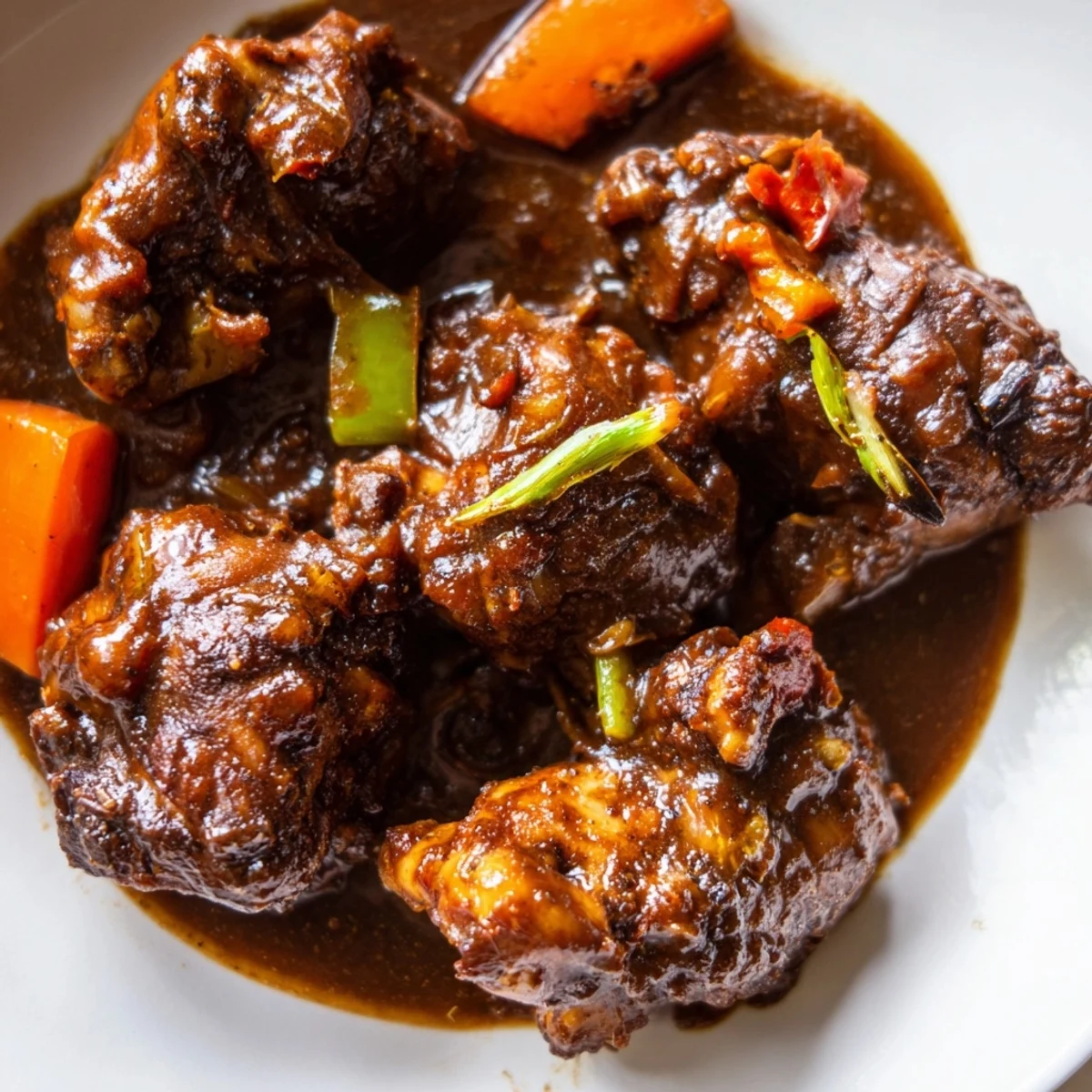 Tender Jamaican brown stew chicken served over steamed white rice with a deeply colored sauce