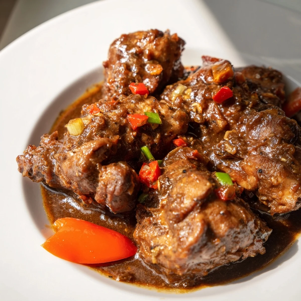 Juicy Jamaican brown stew chicken in a thick, aromatic stew with bell peppers and onions