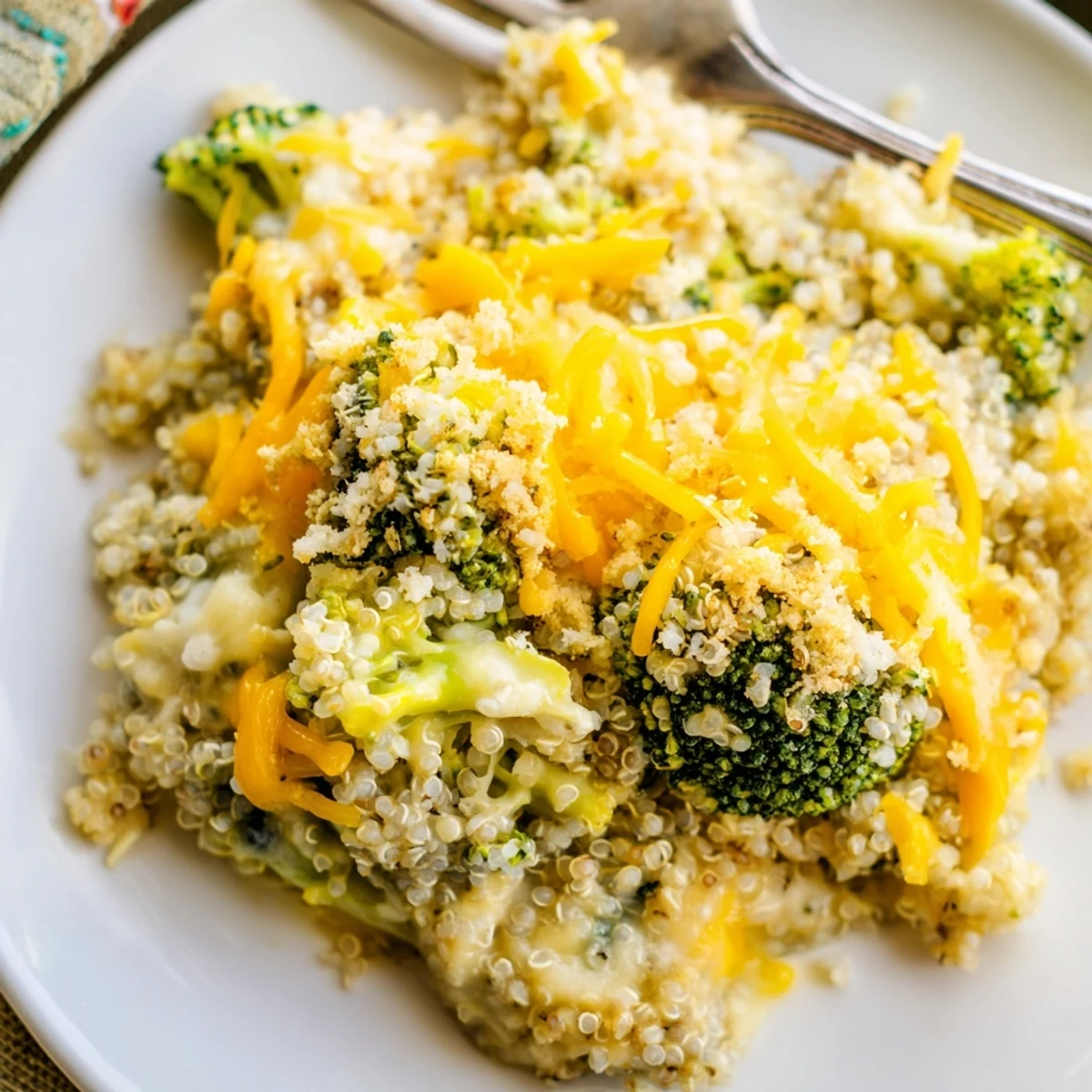 A cozy creamy broccoli quinoa casserole served warm for family dinner