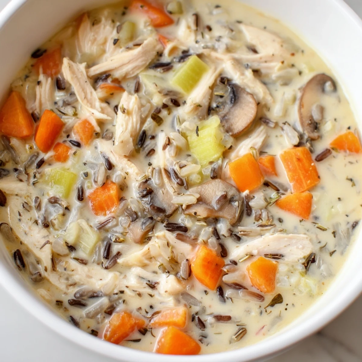 Steaming bowl of creamy slow cooker chicken mushroom wild rice soup with shredded chicken and crusty bread