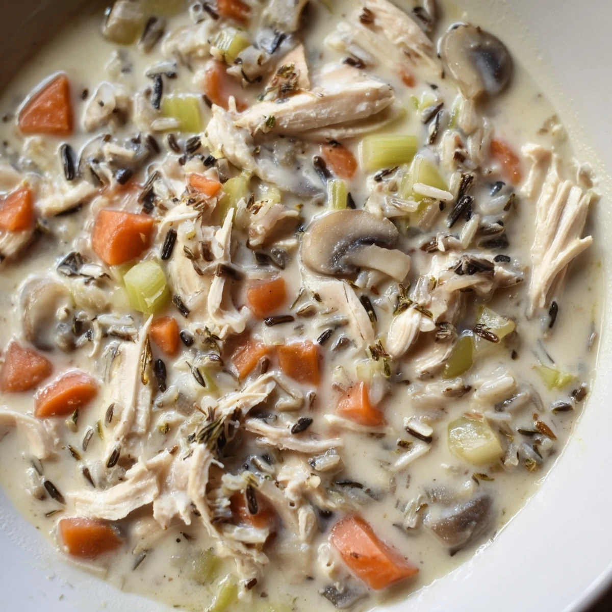 Golden creamy slow cooker chicken mushroom wild rice soup brimming with tender mushrooms and wild rice