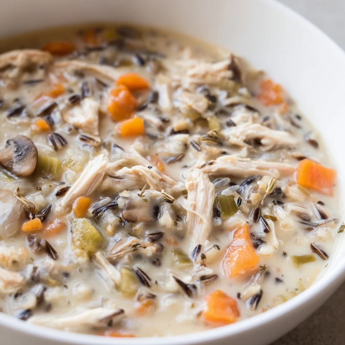 Thick creamy slow cooker chicken mushroom wild rice soup ladled into a white bowl with thyme