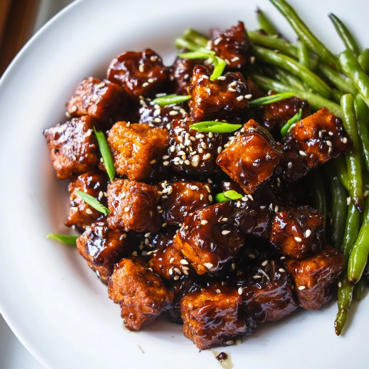 Golden crispy black pepper tofu served with tender green beans over steamed rice