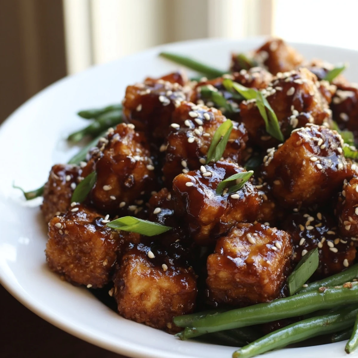 A sizzling skillet of crispy black pepper tofu with bright green beans and scallions