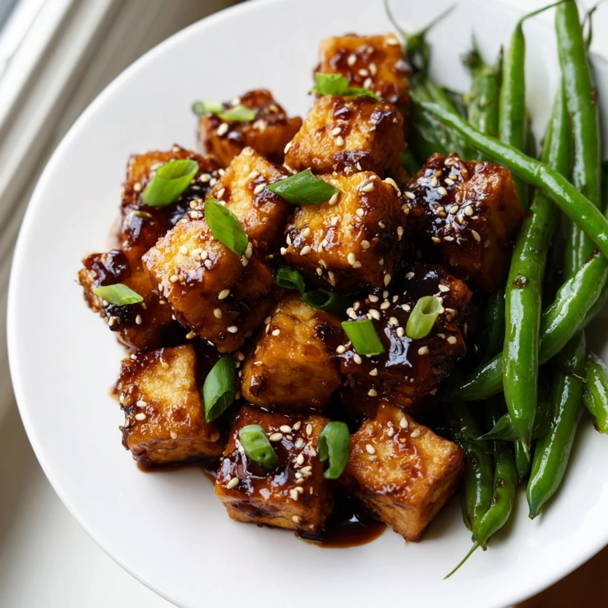 Crispy black pepper tofu and green beans tossed in a glossy peppery sauce