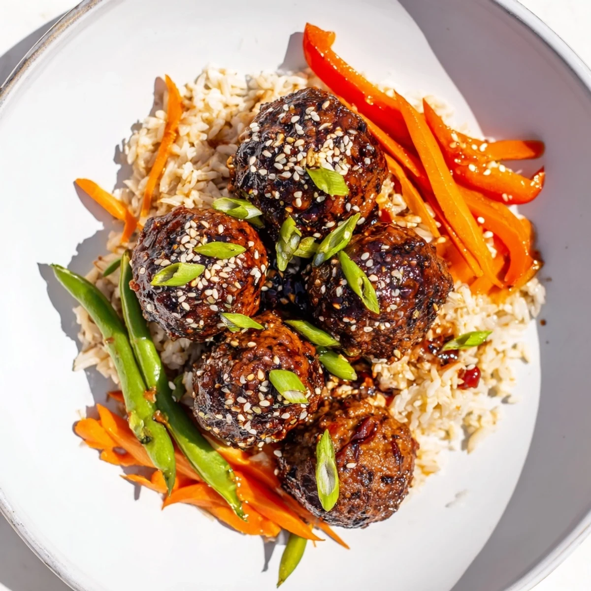 Hello Fresh Firecracker Meatballs glazed in shiny spicy-honey sauce over jasmine rice