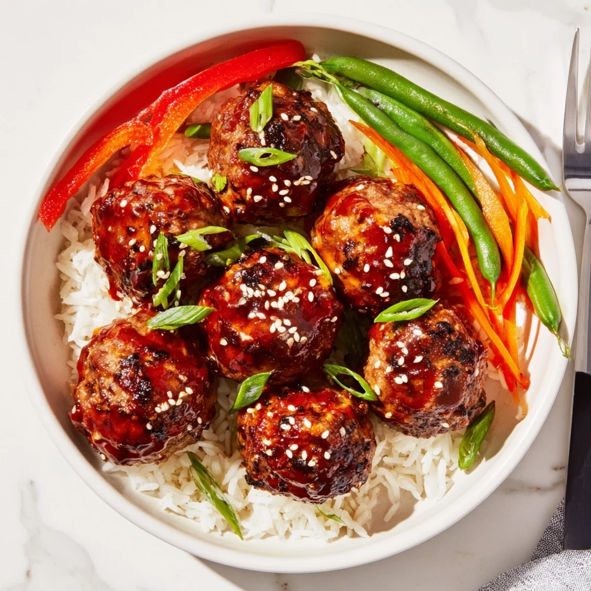 Plateful of Hello Fresh Firecracker Meatballs tossed in fiery glaze with crisp vegetables