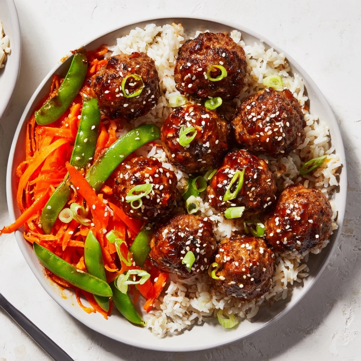 Oven-browned Hello Fresh Firecracker Meatballs nestled beside fluffy jasmine rice and scallions