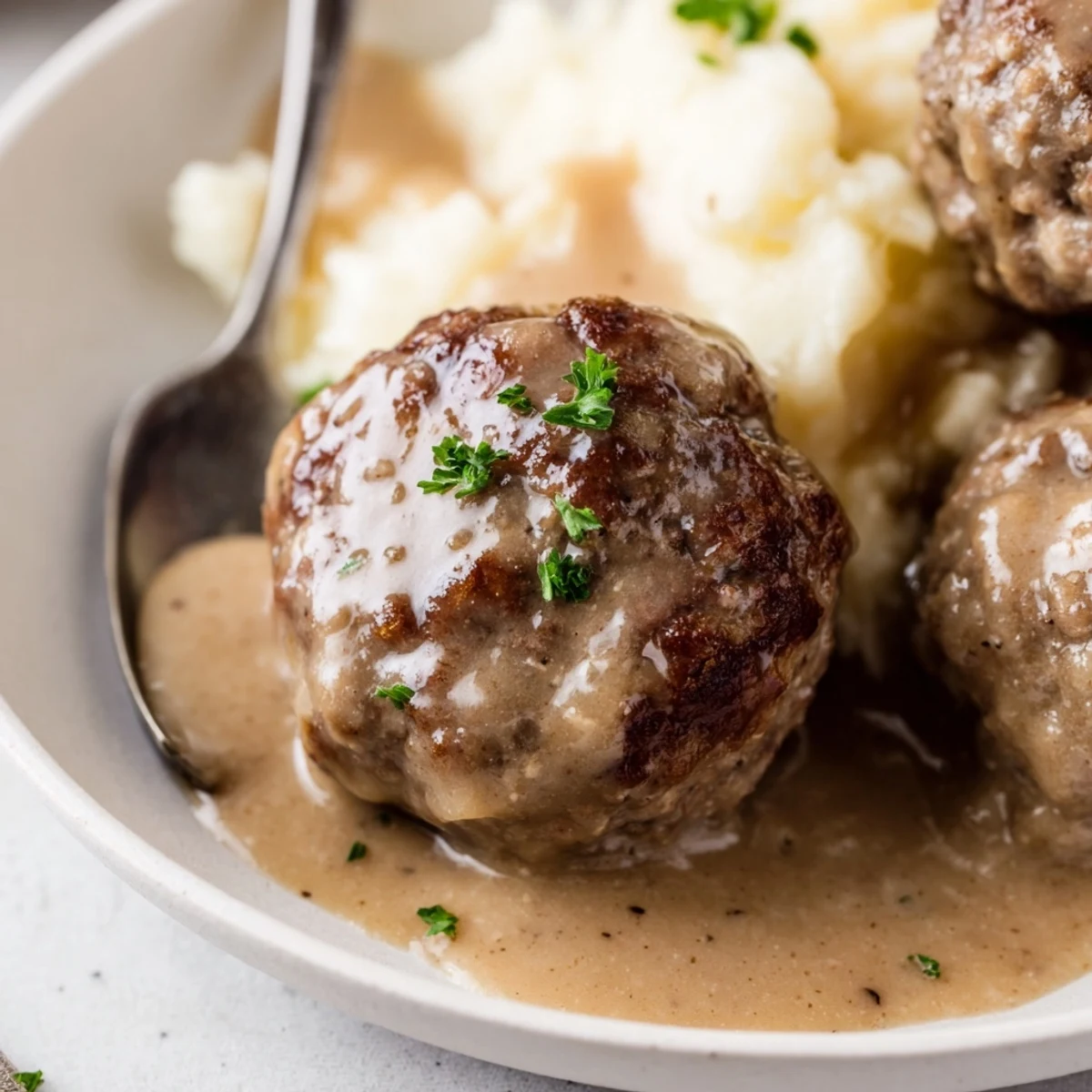 Skillet of Homemade Ikea Meatballs glazed in creamy gravy, steaming beside potatoes