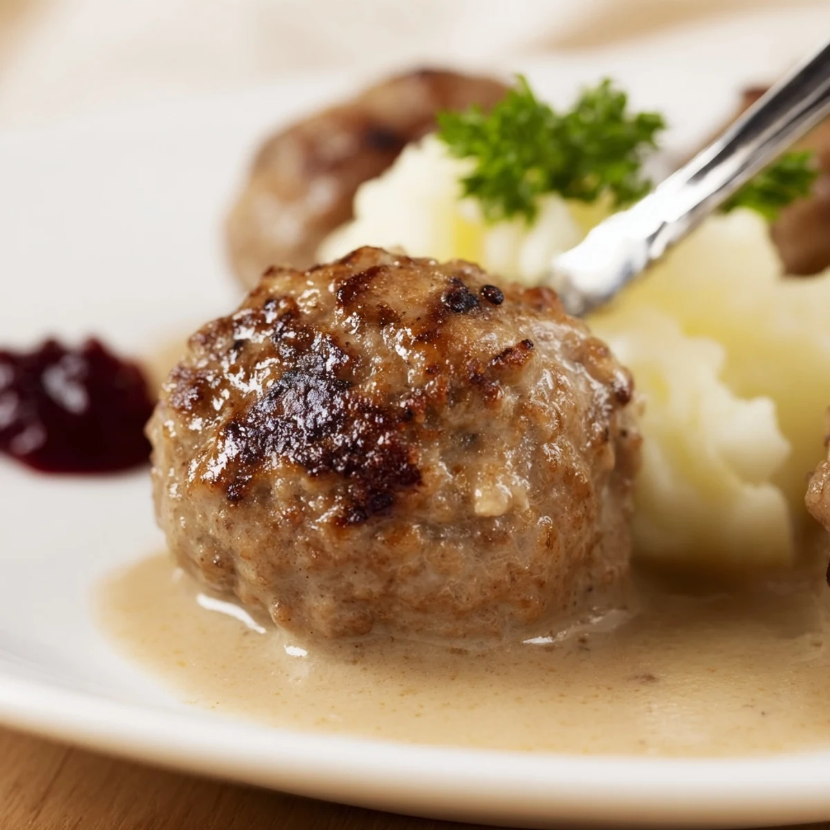 Tender Homemade Ikea Meatballs browned to a crisp, served with mashed potatoes