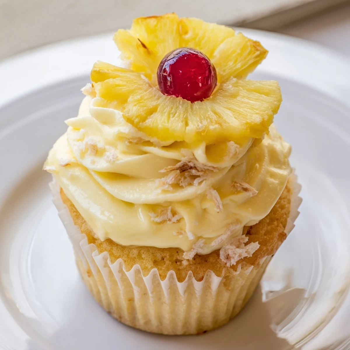 Dole Whip Cupcakes Recipe displayed on cooling rack with creamy pineapple frosting.