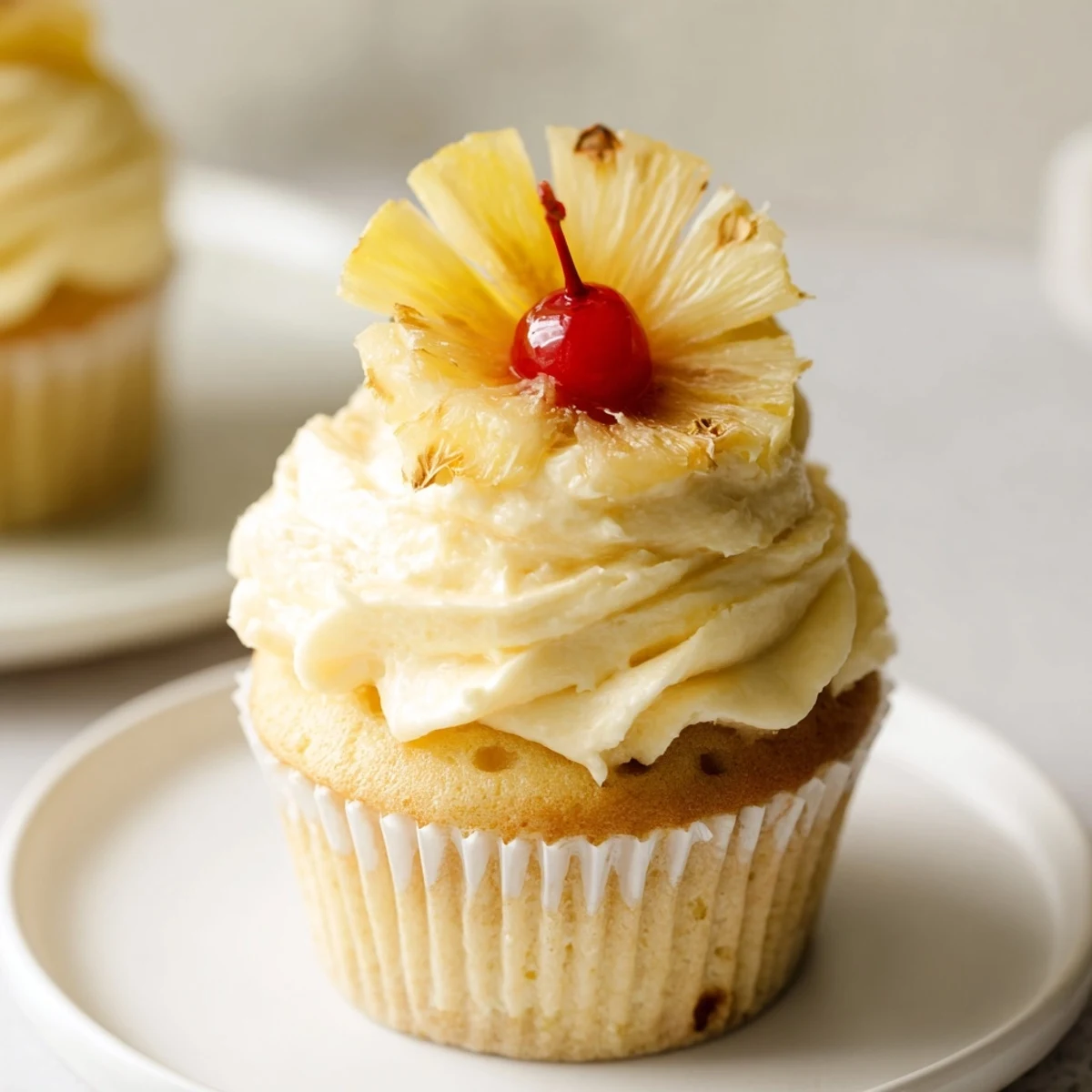 Stacked Dole Whip Cupcakes Recipe garnished with tropical umbrella, fluffy frosting, bright aroma.