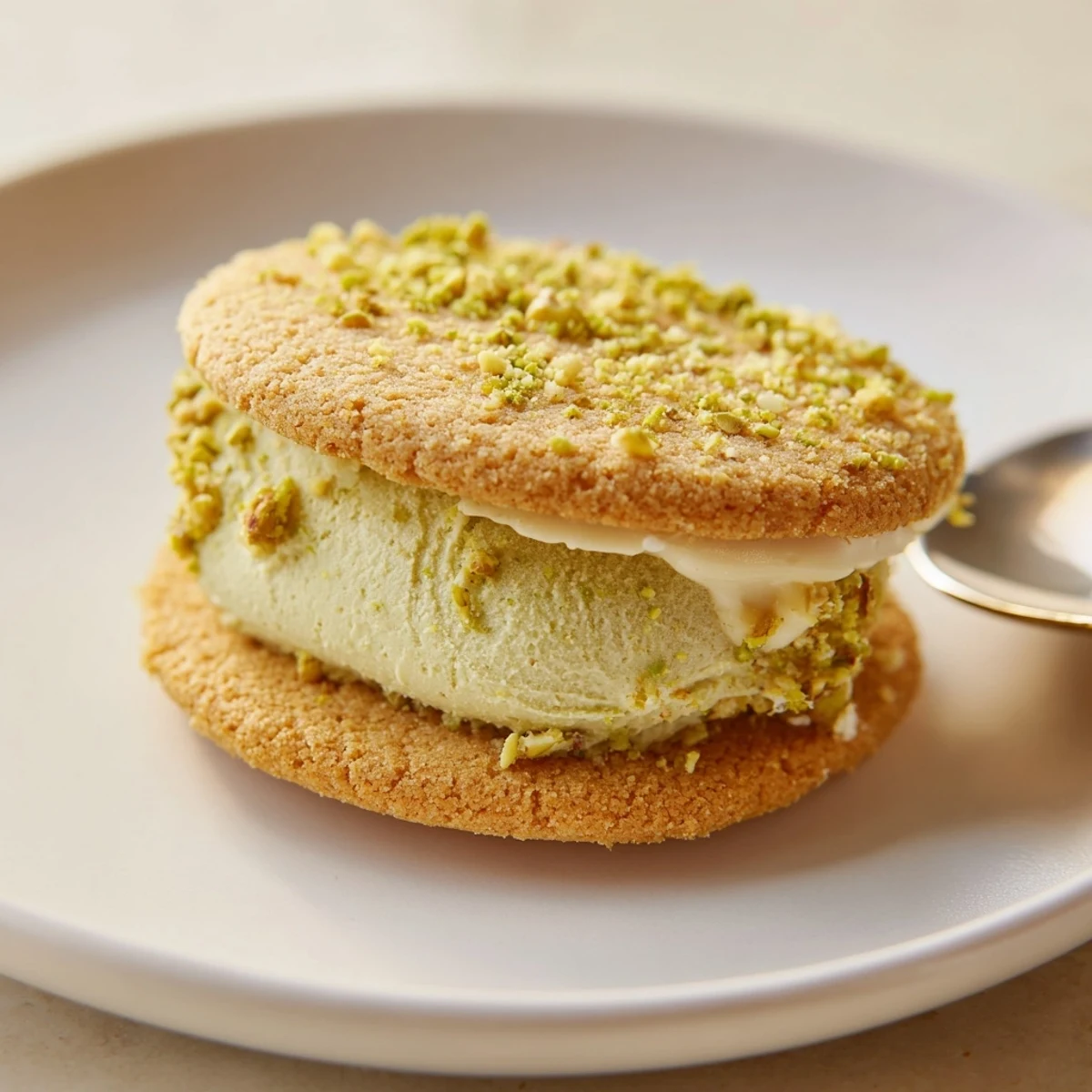 Golden, buttery Pistachio Cream Cookies Recipe: tender sandwiches with pale green filling