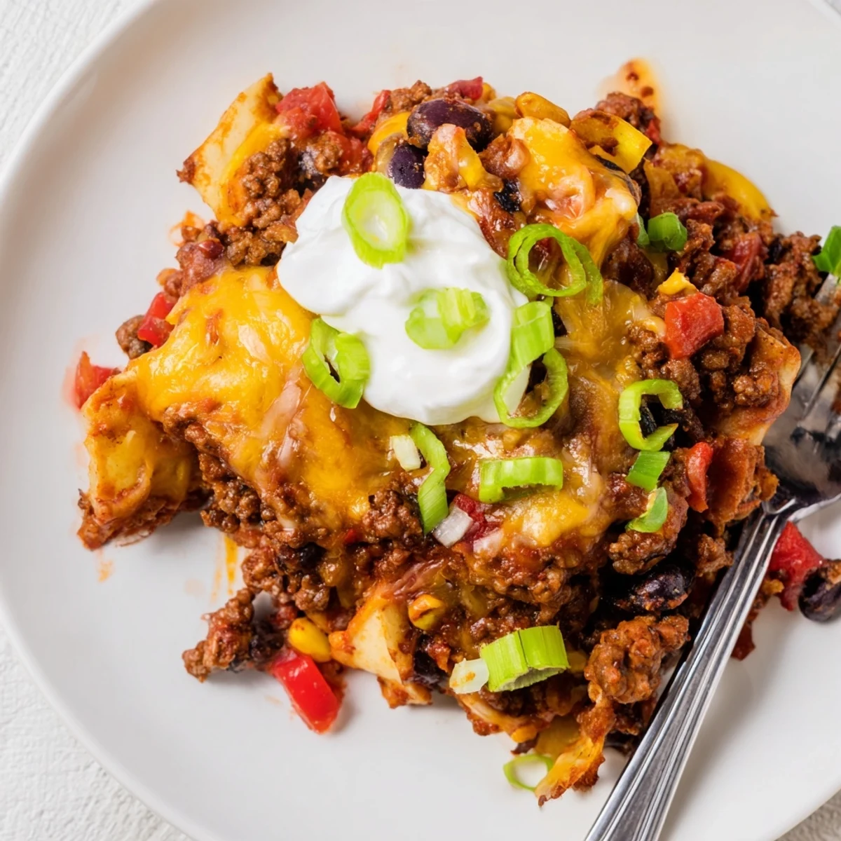 Hearty Beef Skillet Enchiladas layered with tortillas, spicy sauce, creamy avocado.