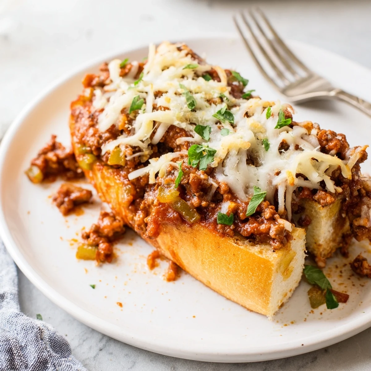 Garlic Bread Sloppy Joes piled hot with melted cheese, buttery toasted edges