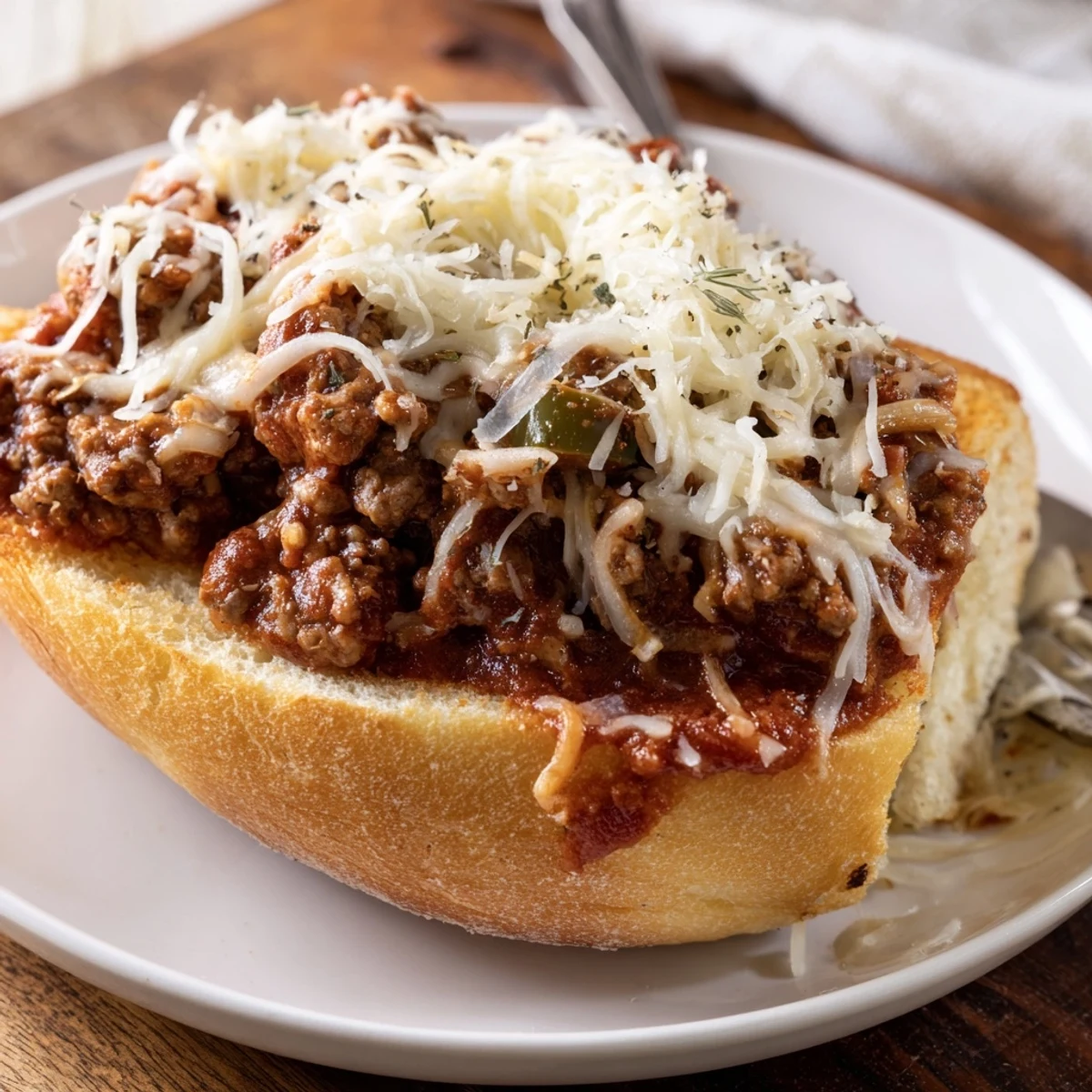 Toasted Garlic Bread Sloppy Joes sliced into portions, savory beef filling steaming